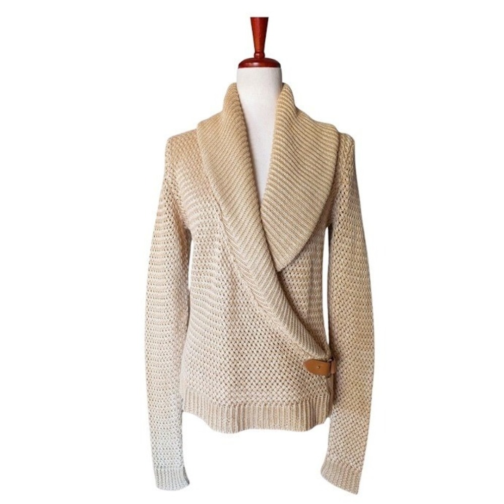 Ralph Lauren Black Label Tan Linen Knit Wrap Sweater Shawl Collar Leather Belt L